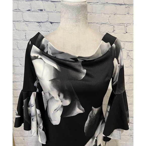 Venus Floral Bell-sleeve Off-shoulder Scuba Bodycon Dress Medium - Picture 2 of 8